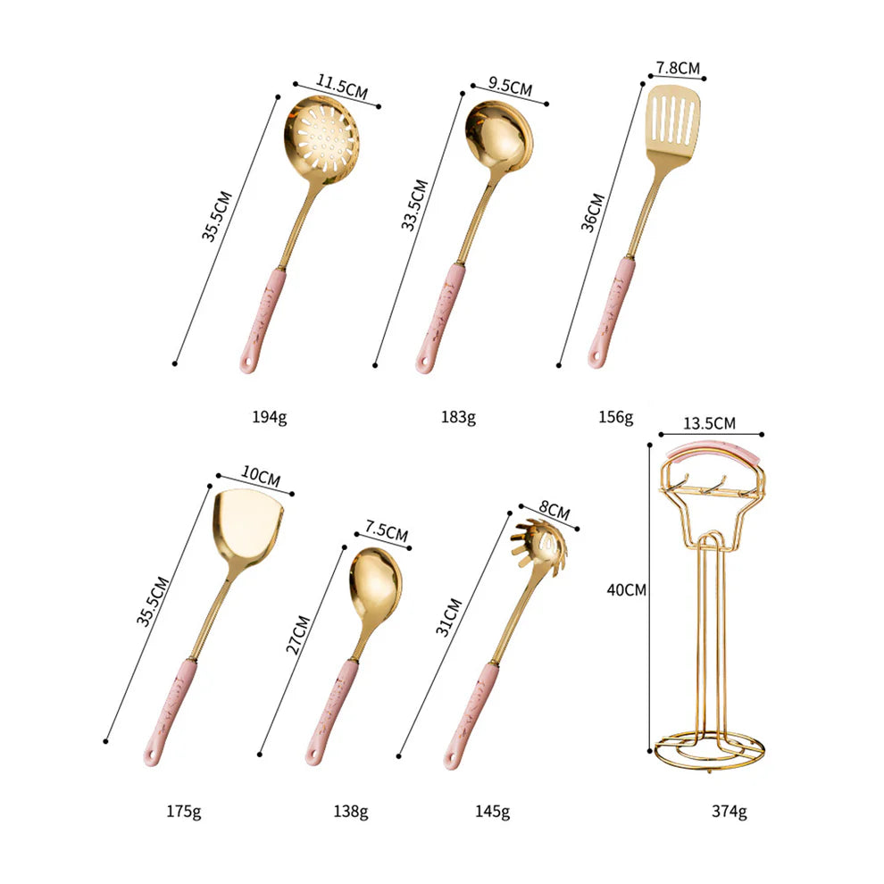 Marble Pattern Golden Utensil Set with Stand (7 Pieces Set)